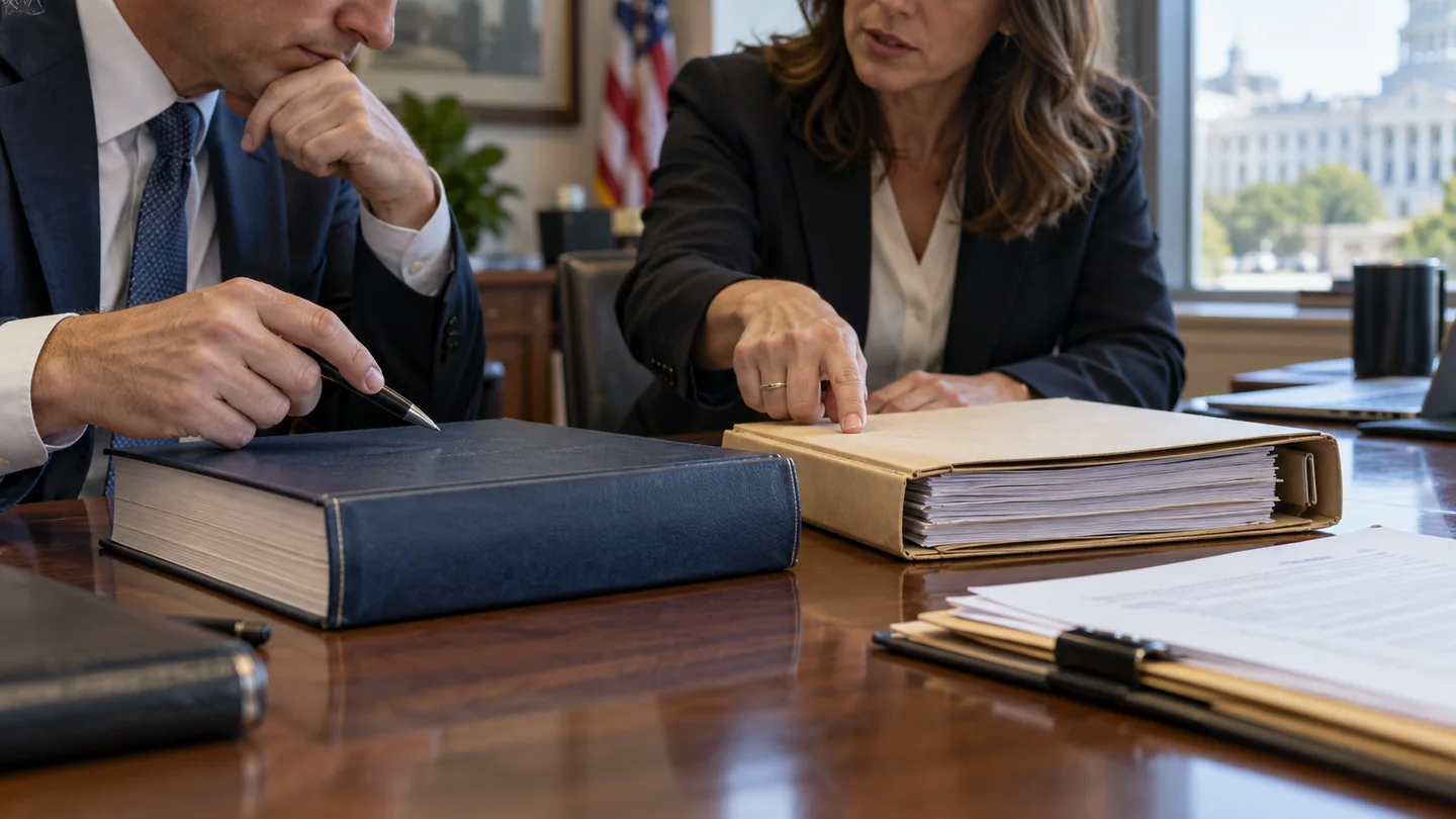 Two professionals review paperwork together at a table.