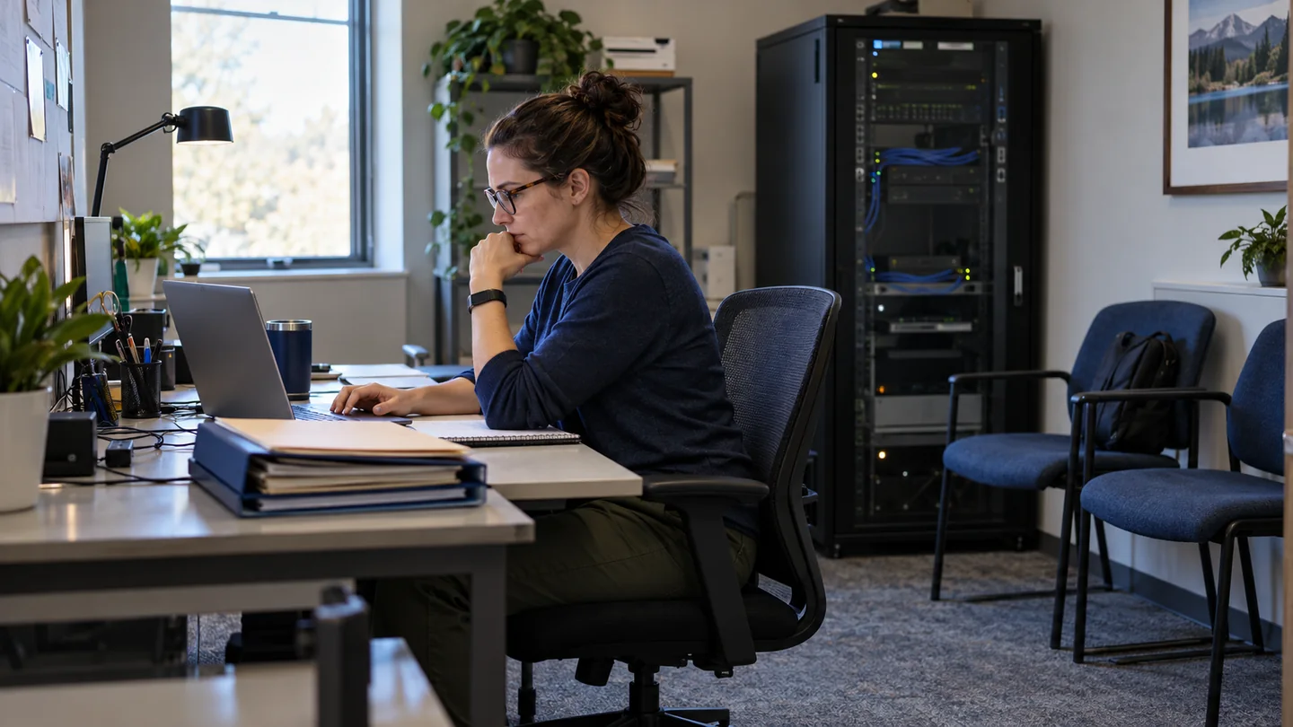 A small-business IT professional works at a desk beside a server rack.
