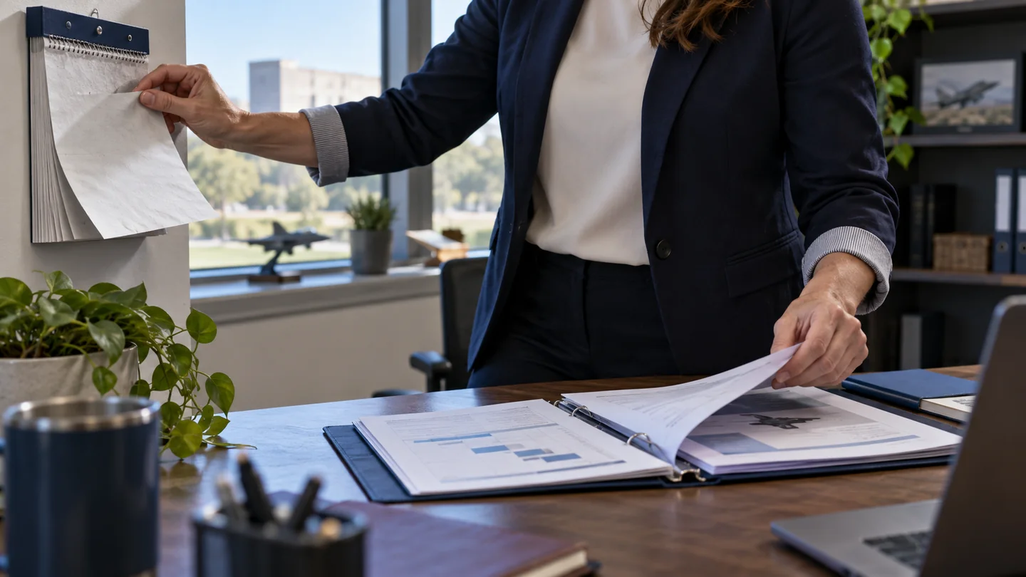 A team member reviews compliance paperwork at a desk.