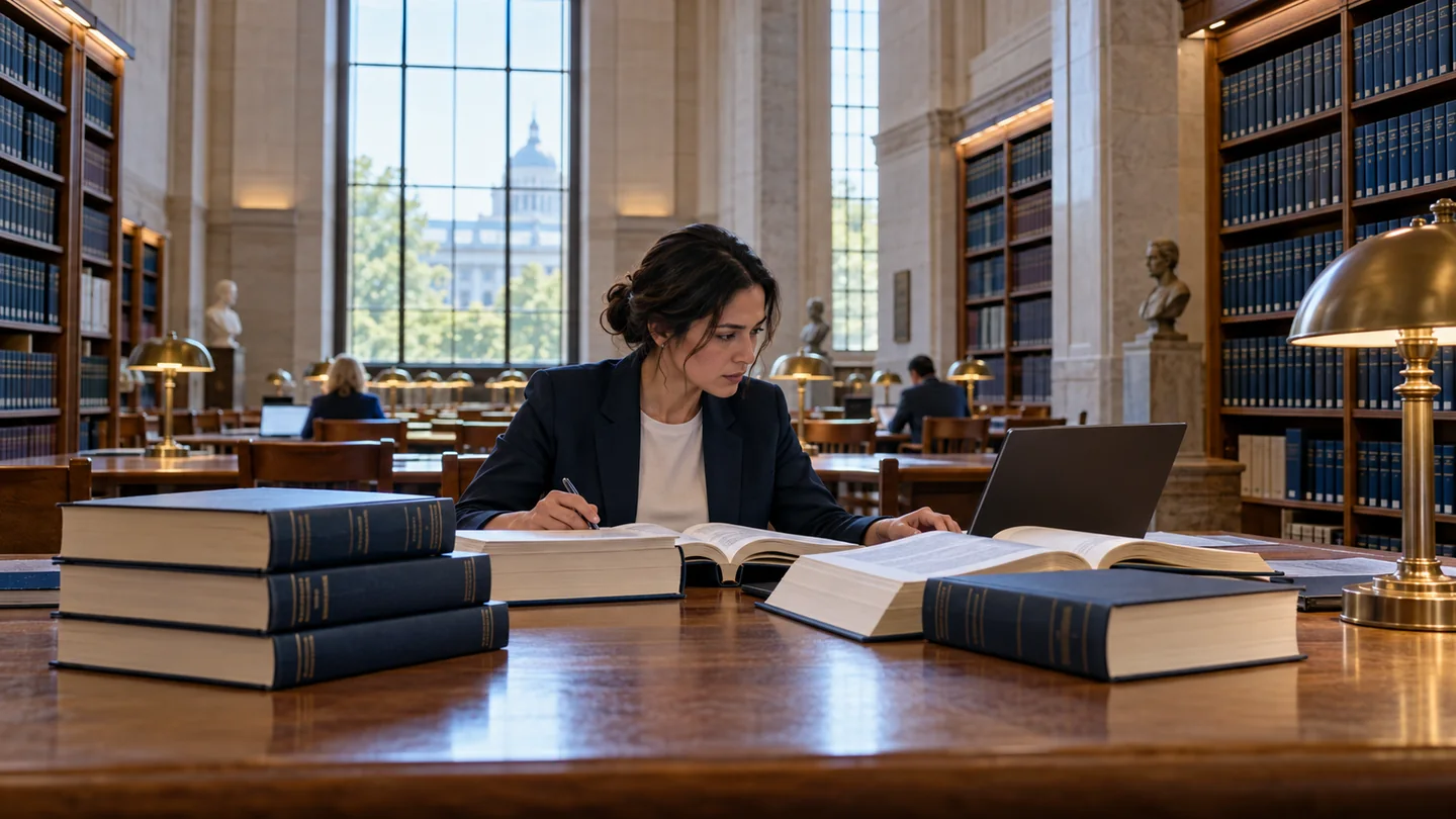 A cybersecurity professional studies technical reference books at a library table.