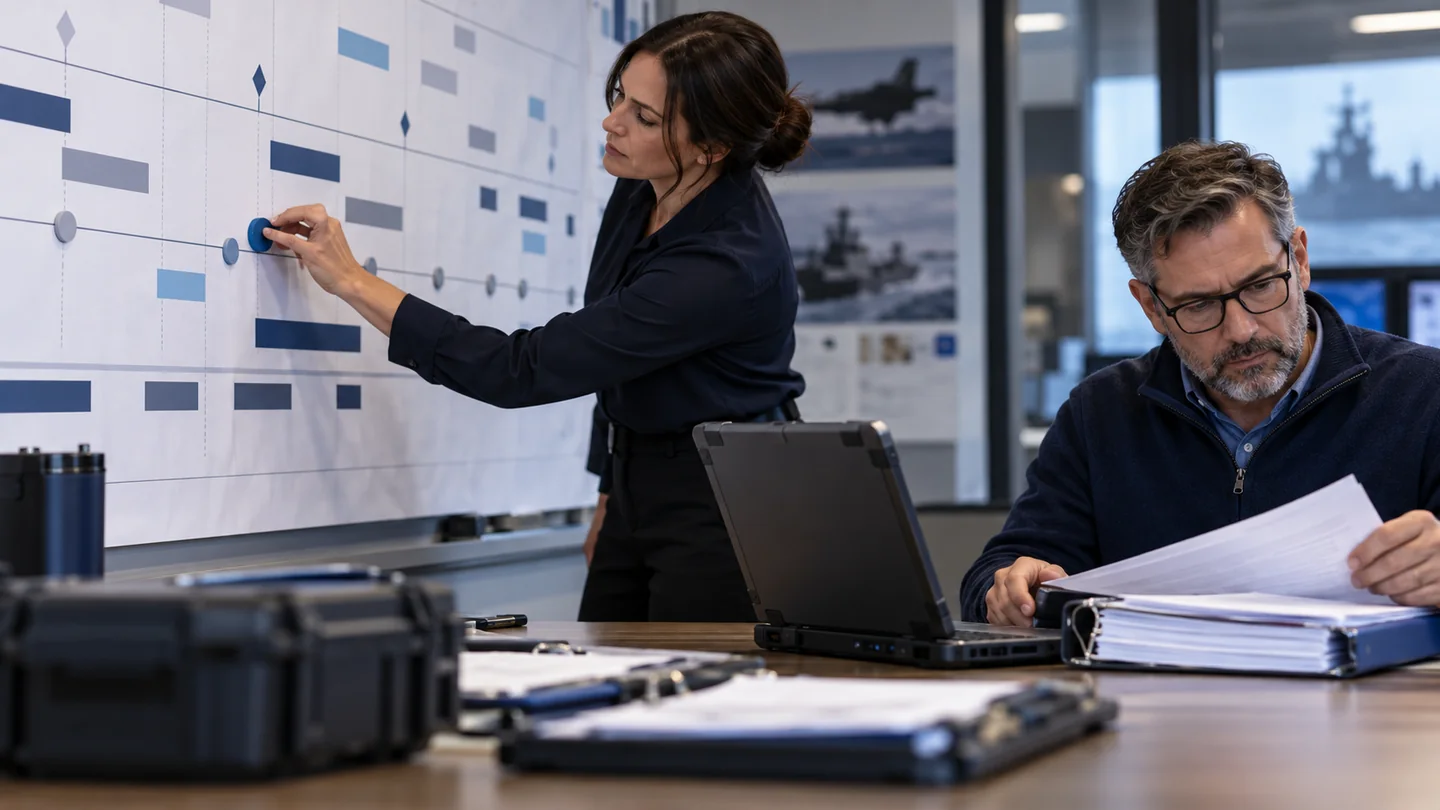 Two colleagues review a project board and compliance documents together.