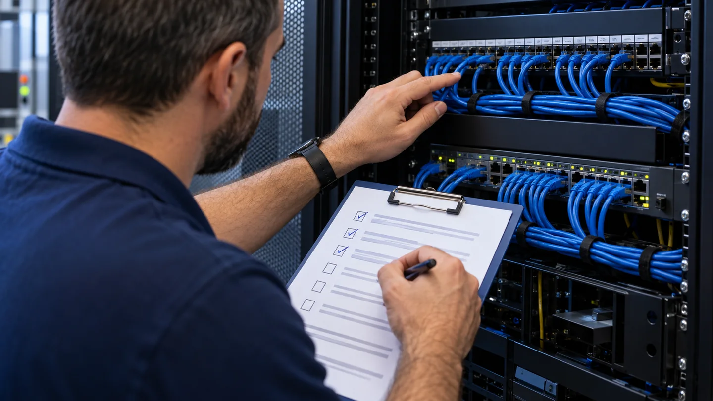 An IT professional documents a security checklist beside a network rack.
