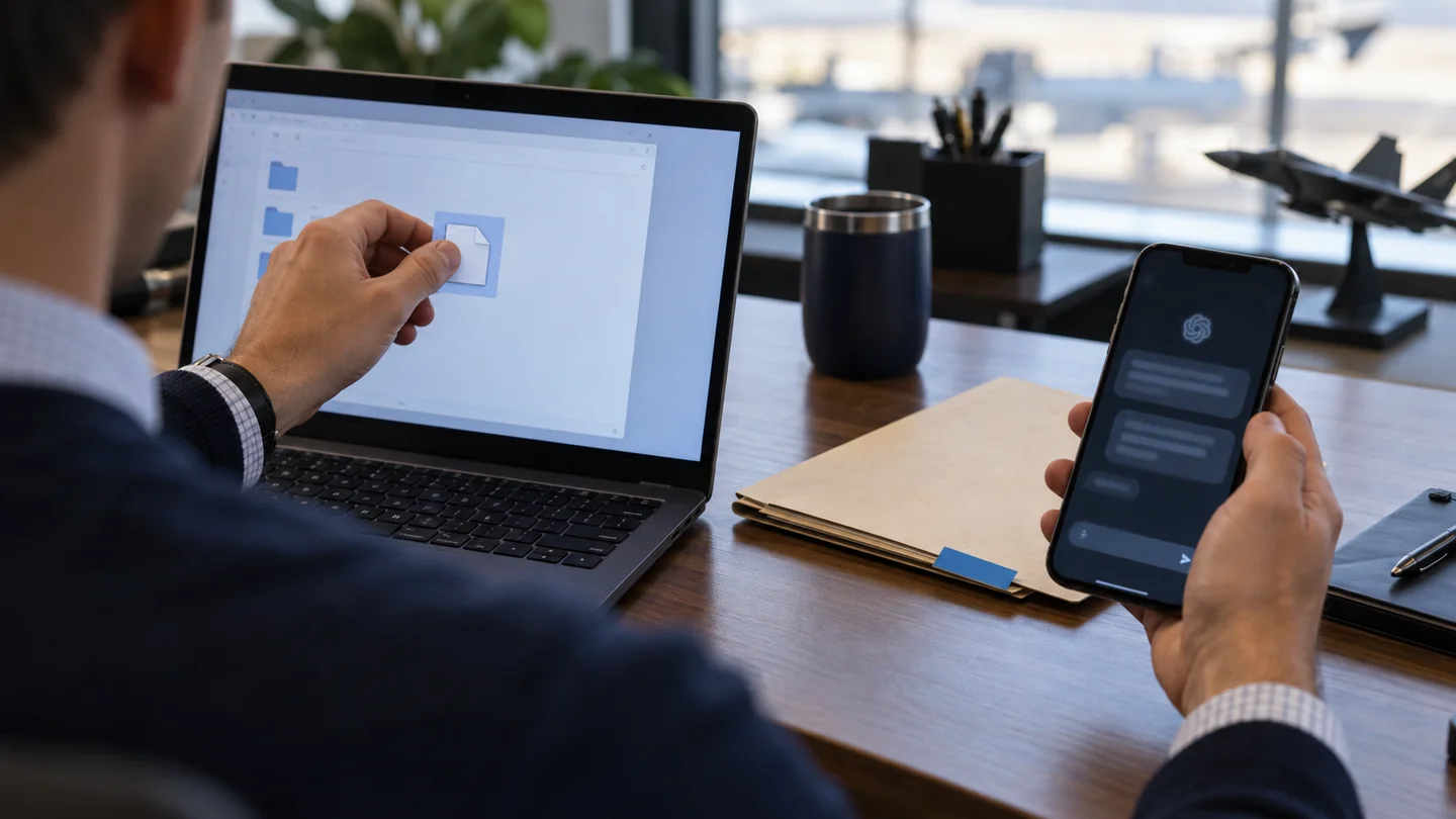 A worker uses a smartphone beside an open laptop.