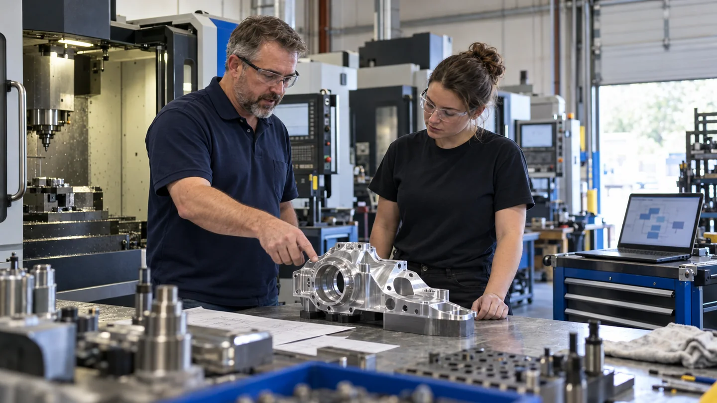Two manufacturing workers review a component and plans on a factory floor.